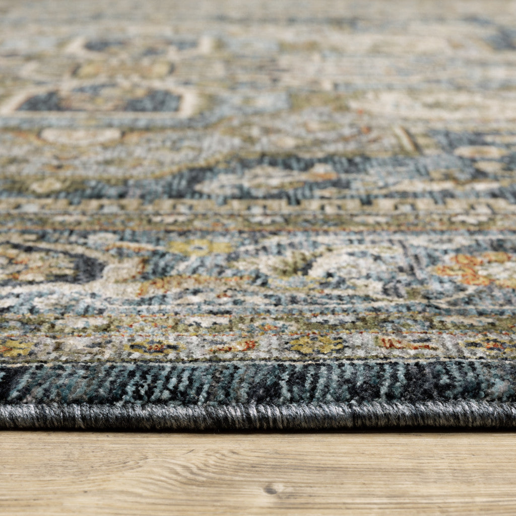 10' X 13' Blue Taupe Grey Green Rust Tan Beige And Gold Oriental Power Loom Stain Resistant Area Rug With Fringe