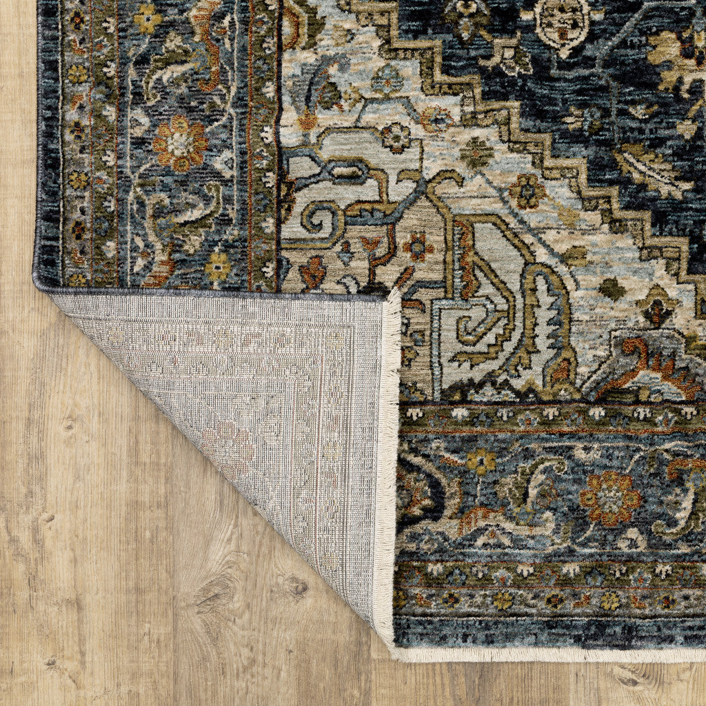 10' X 13' Blue Taupe Grey Green Rust Tan Beige And Gold Oriental Power Loom Stain Resistant Area Rug With Fringe