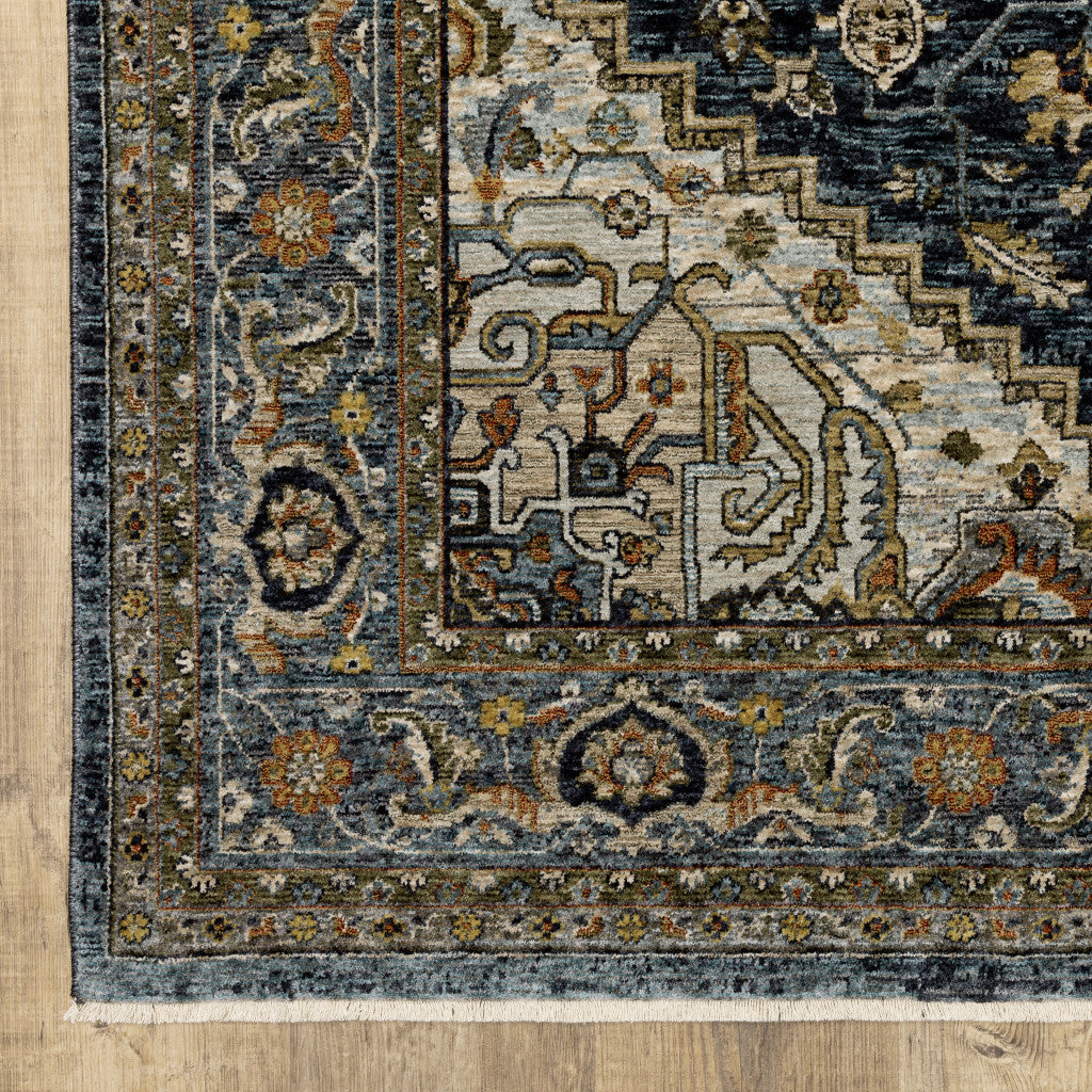 10' X 13' Blue Taupe Grey Green Rust Tan Beige And Gold Oriental Power Loom Stain Resistant Area Rug With Fringe