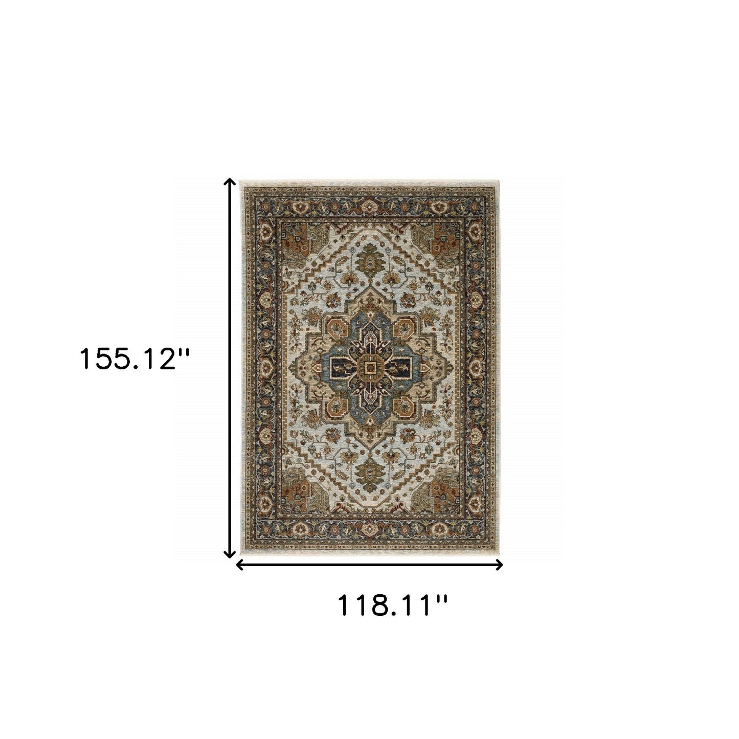 10' X 13' Ivory Beige Blue Orange Gold Green Grey And Rust Oriental Power Loom Stain Resistant Area Rug With Fringe