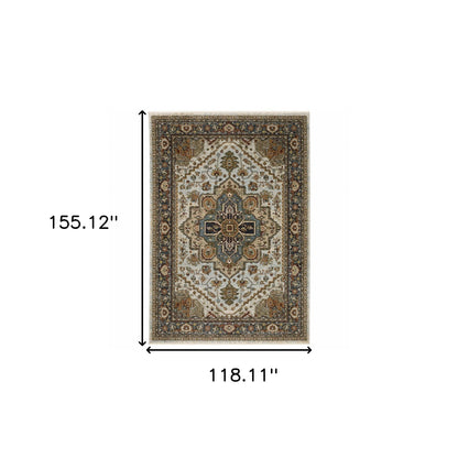 10' X 13' Ivory Beige Blue Orange Gold Green Grey And Rust Oriental Power Loom Stain Resistant Area Rug With Fringe