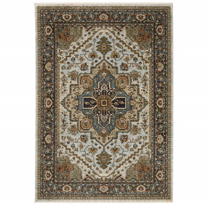 10' X 13' Ivory Beige Blue Orange Gold Green Grey And Rust Oriental Power Loom Stain Resistant Area Rug With Fringe