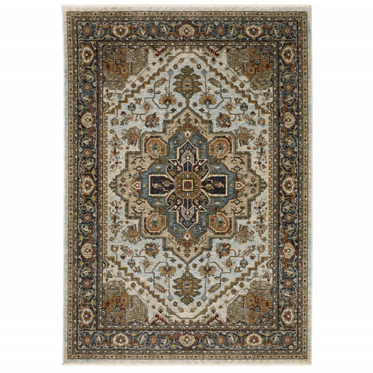 10' X 13' Ivory Beige Blue Orange Gold Green Grey And Rust Oriental Power Loom Stain Resistant Area Rug With Fringe