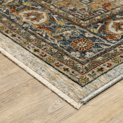 10' X 13' Ivory Beige Blue Orange Gold Green Grey And Rust Oriental Power Loom Stain Resistant Area Rug With Fringe