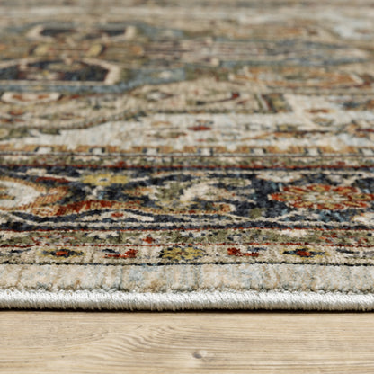 10' X 13' Ivory Beige Blue Orange Gold Green Grey And Rust Oriental Power Loom Stain Resistant Area Rug With Fringe