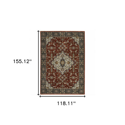 10' X 13' Red Ivory Blue Navy Gold And Grey Oriental Power Loom Stain Resistant Area Rug With Fringe