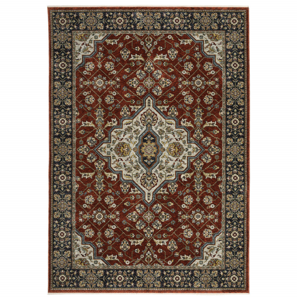 10' X 13' Red Ivory Blue Navy Gold And Grey Oriental Power Loom Stain Resistant Area Rug With Fringe