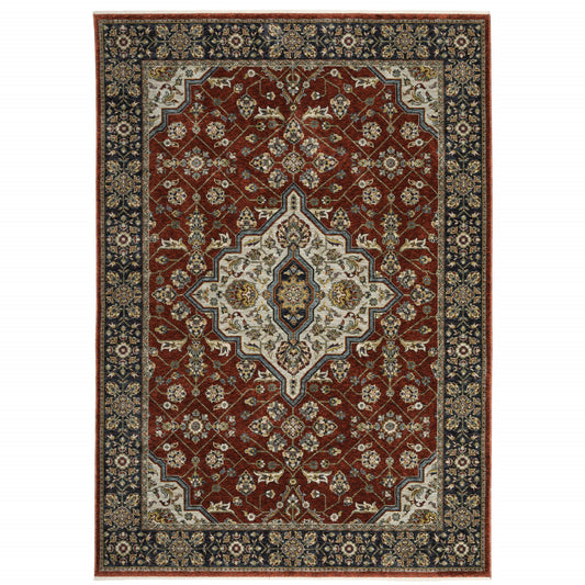 10' X 13' Red Ivory Blue Navy Gold And Grey Oriental Power Loom Stain Resistant Area Rug With Fringe