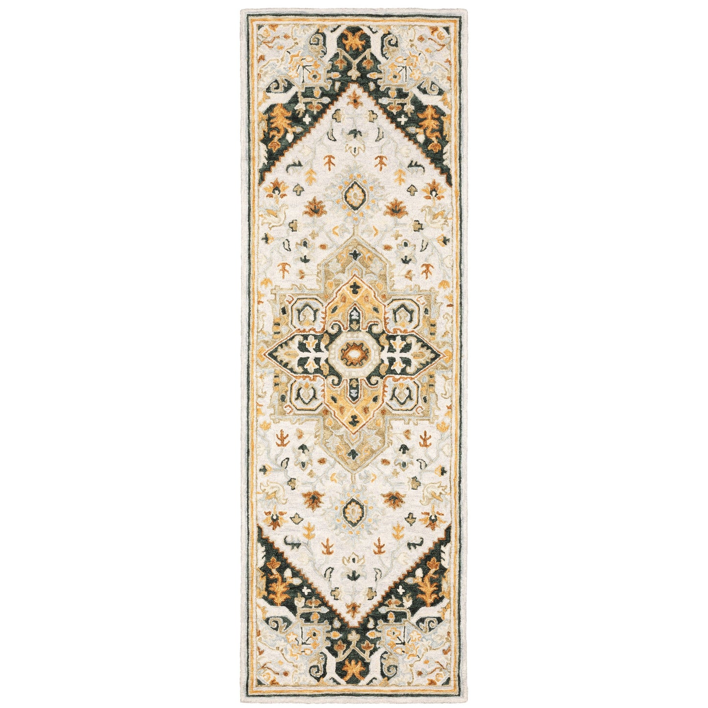 8' Ivory and Black Oriental Handmade Runner Rug