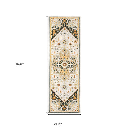 8' Ivory and Black Oriental Handmade Runner Rug