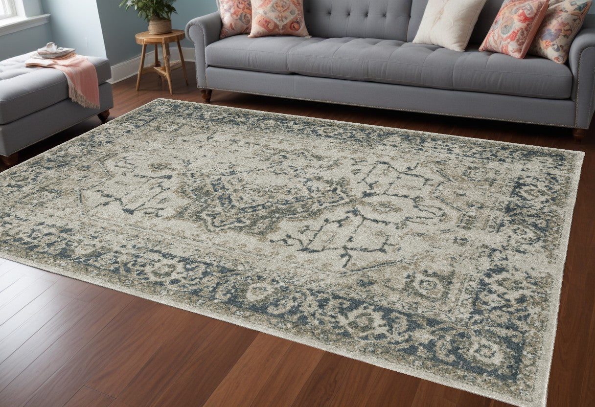 10' X 13' Blue and Gray Oriental Power Loom Area Rug