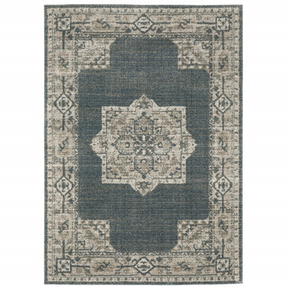 10' X 13' Blue and Beige Oriental Power Loom Area Rug