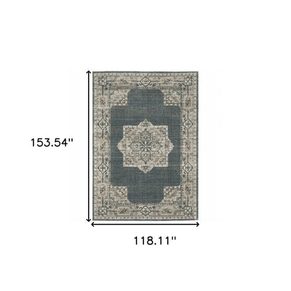 10' X 13' Blue and Beige Oriental Power Loom Area Rug