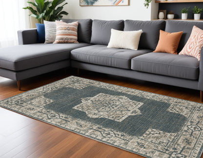 10' X 13' Blue and Beige Oriental Power Loom Area Rug