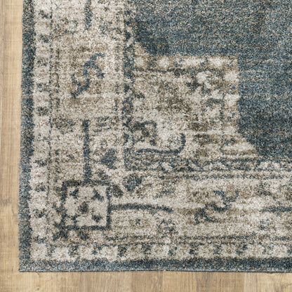 10' X 13' Blue and Beige Oriental Power Loom Area Rug