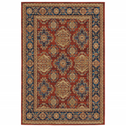 10' X 13' Red Blue And Gold Oriental Power Loom Stain Resistant Area Rug