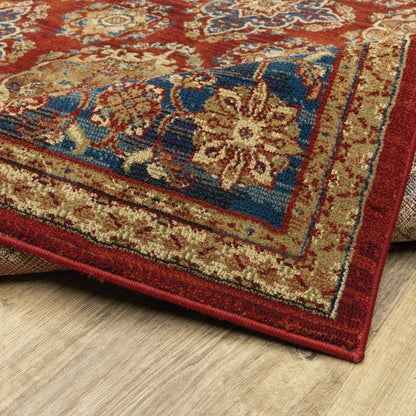 10' X 13' Red Blue And Gold Oriental Power Loom Stain Resistant Area Rug