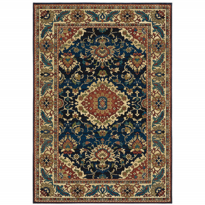 10' X 13' Blue Red And Beige Oriental Power Loom Stain Resistant Area Rug