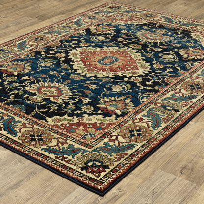 10' X 13' Blue Red And Beige Oriental Power Loom Stain Resistant Area Rug