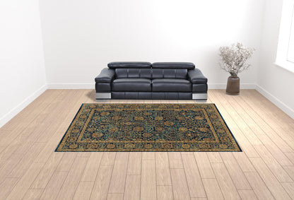 10' X 13' Blue And Gold Oriental Power Loom Stain Resistant Area Rug