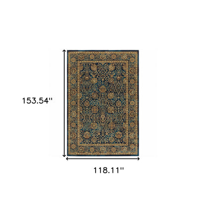 10' X 13' Blue And Gold Oriental Power Loom Stain Resistant Area Rug