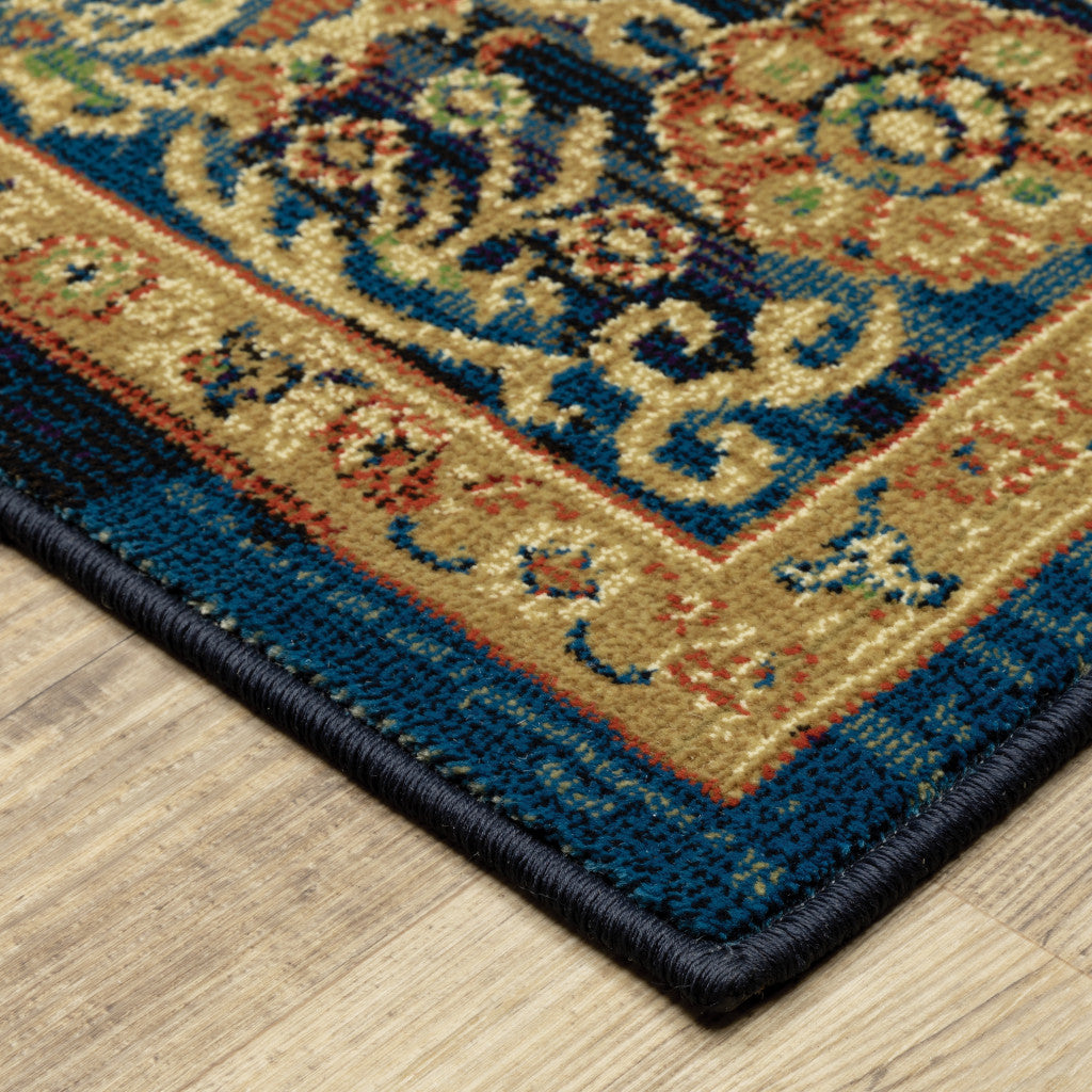 10' X 13' Blue And Gold Oriental Power Loom Stain Resistant Area Rug