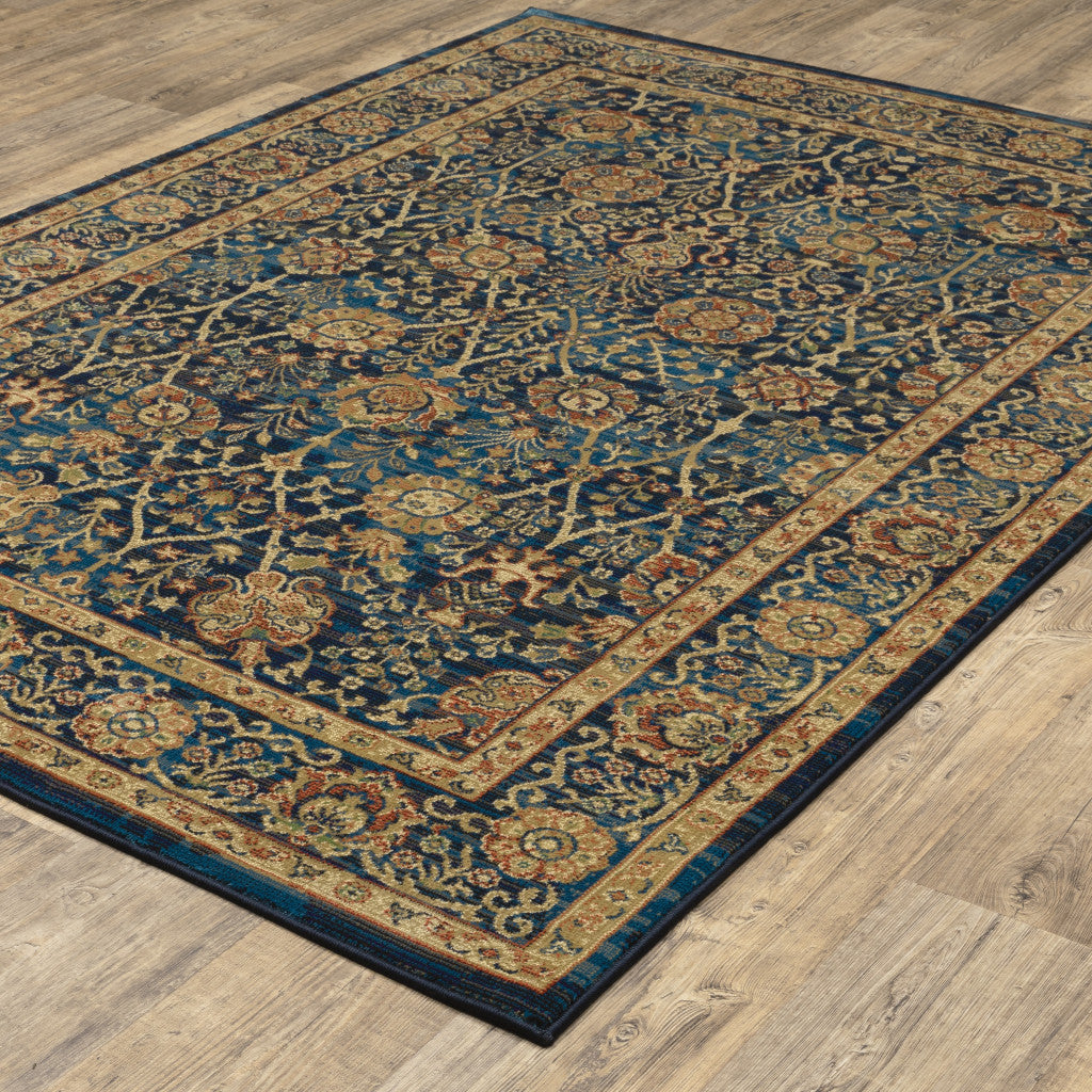 10' X 13' Blue And Gold Oriental Power Loom Stain Resistant Area Rug