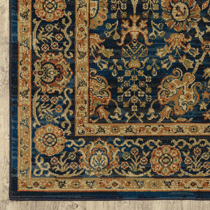 10' X 13' Blue And Gold Oriental Power Loom Stain Resistant Area Rug