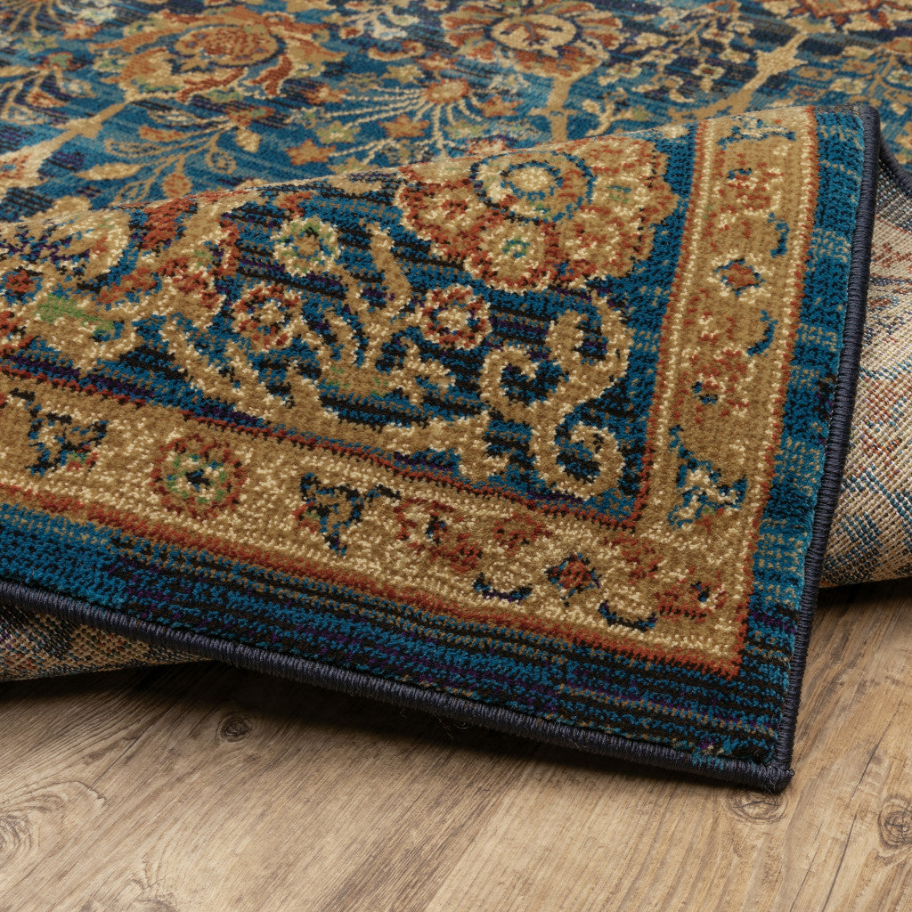 10' X 13' Blue And Gold Oriental Power Loom Stain Resistant Area Rug