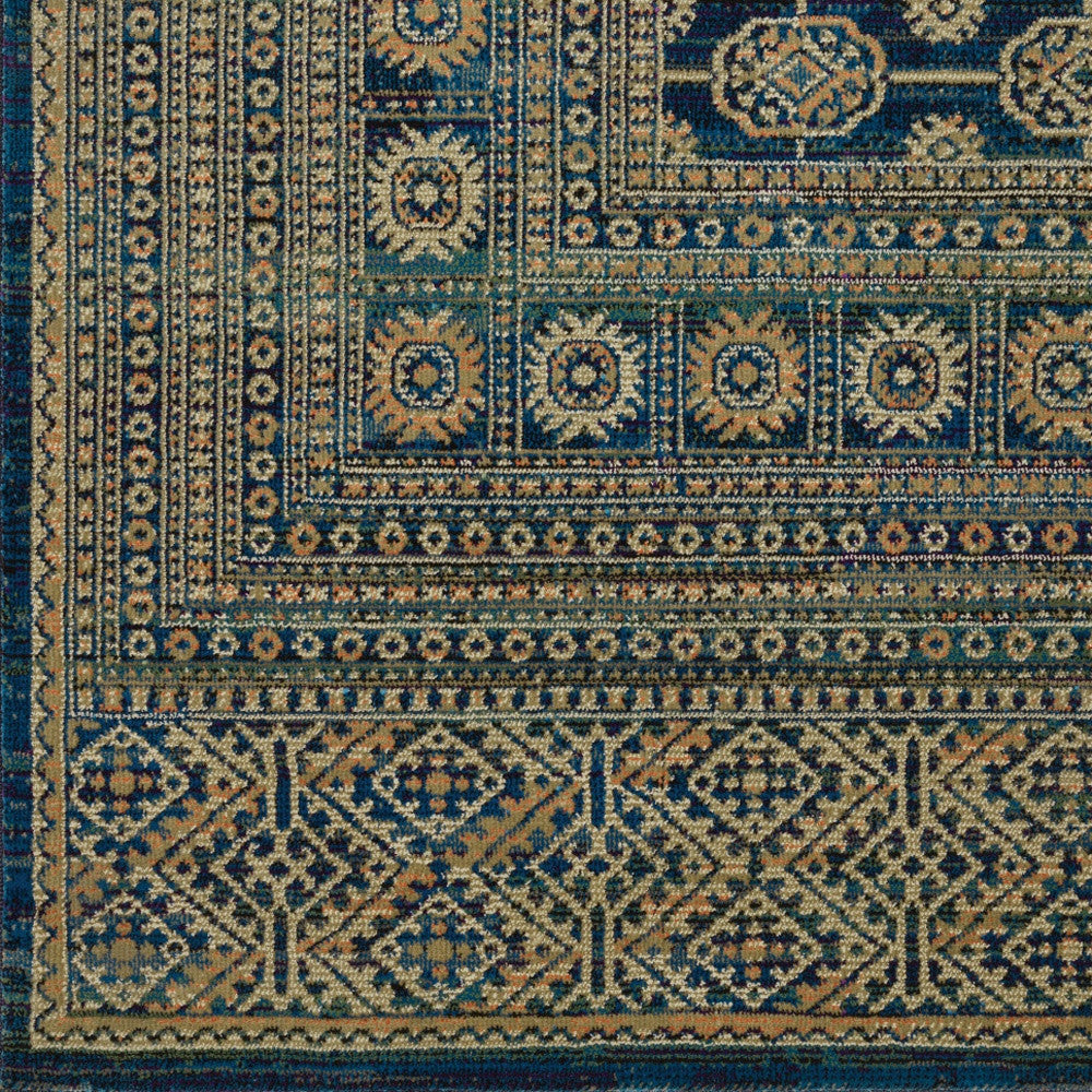 10' X 13' Blue And Gold Oriental Power Loom Stain Resistant Area Rug