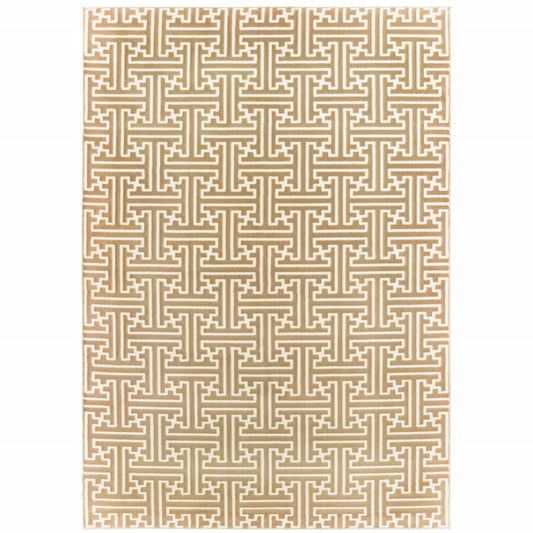 10' X 13' Gold And Ivory Geometric Power Loom Stain Resistant Area Rug