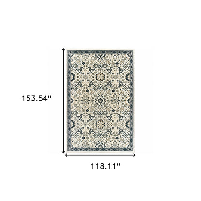 10' X 13' Ivory Navy And Gold Oriental Power Loom Stain Resistant Area Rug