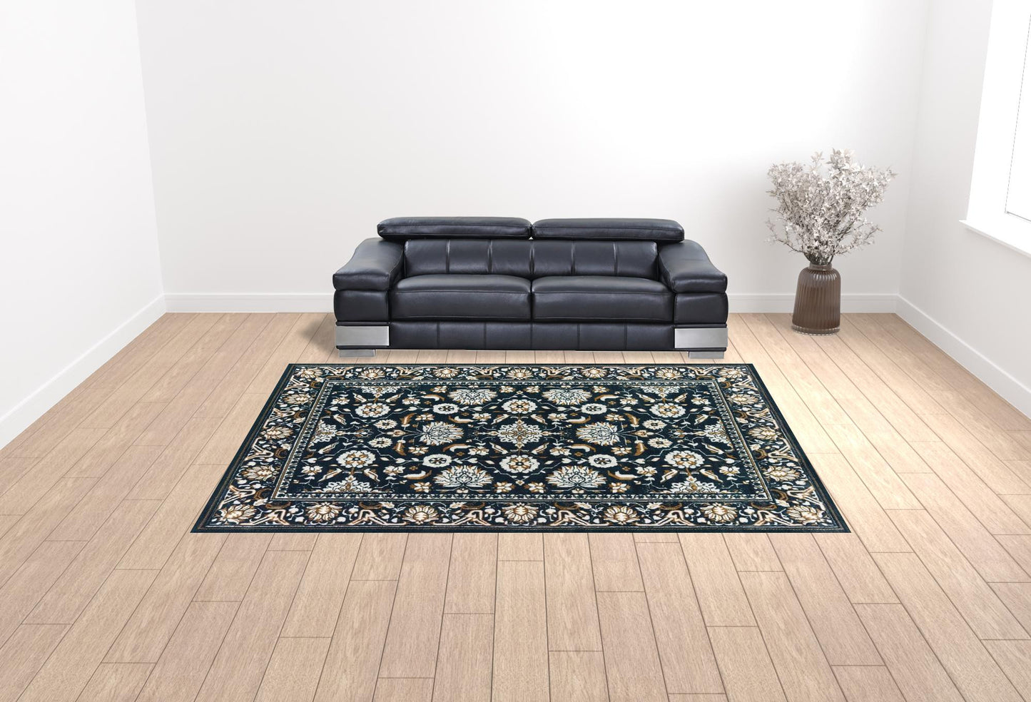 10' X 13' Navy Caramel And Ivory Oriental Power Loom Stain Resistant Area Rug