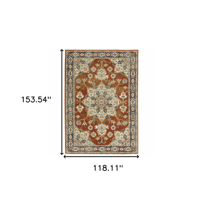 10' X 13' Rust Beige Teal Blue And Gold Oriental Power Loom Stain Resistant Area Rug