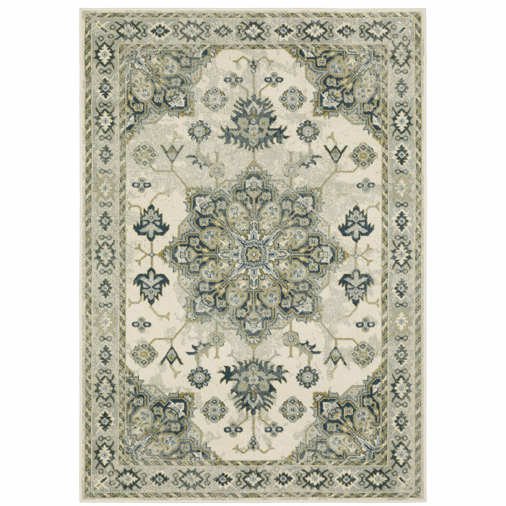 10' X 13' Ivory Blue Teal Grey And Olive Green Oriental Power Loom Stain Resistant Area Rug