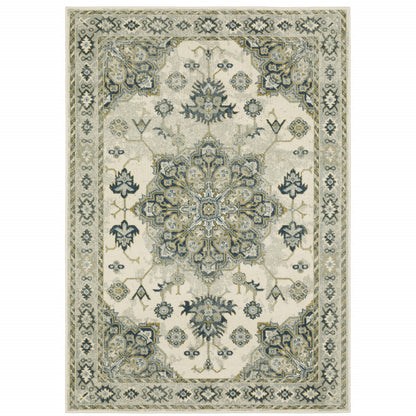 10' X 13' Ivory Blue Teal Grey And Olive Green Oriental Power Loom Stain Resistant Area Rug