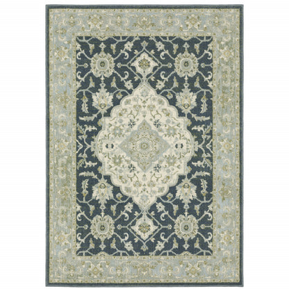 10' X 13' Teal Blue Ivory Green And Grey Oriental Power Loom Stain Resistant Area Rug