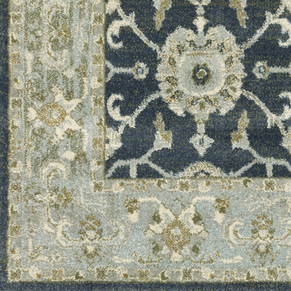 10' X 13' Teal Blue Ivory Green And Grey Oriental Power Loom Stain Resistant Area Rug