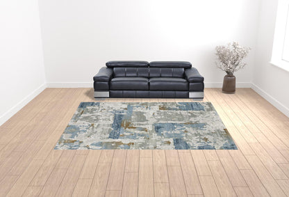 10' X 13' Grey Blue Navy Ivory And Brown Abstract Power Loom Stain Resistant Area Rug