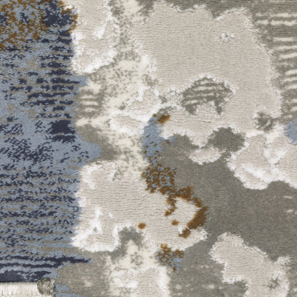 10' X 13' Grey Blue Navy Ivory And Brown Abstract Power Loom Stain Resistant Area Rug