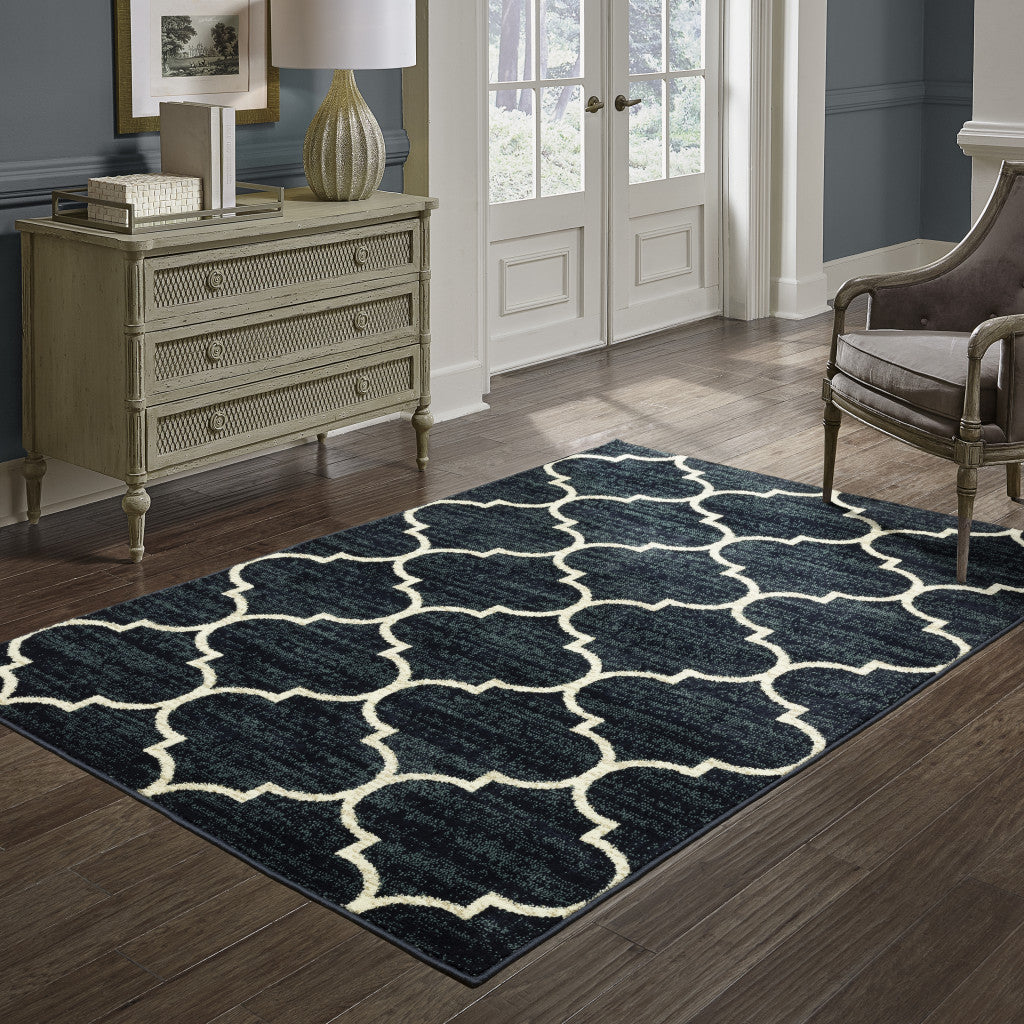 10' X 13' Navy And Ivory Geometric Power Loom Stain Resistant Area Rug