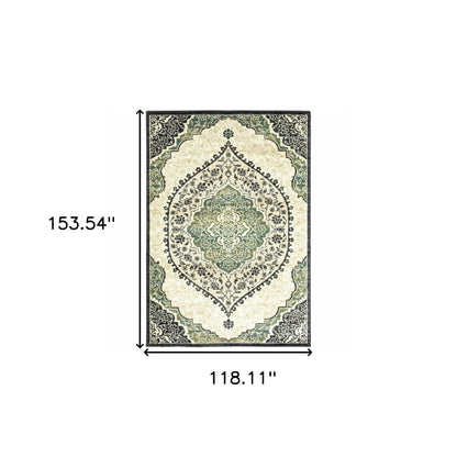 10' X 13' Ivory Navy And Green Oriental Power Loom Stain Resistant Area Rug