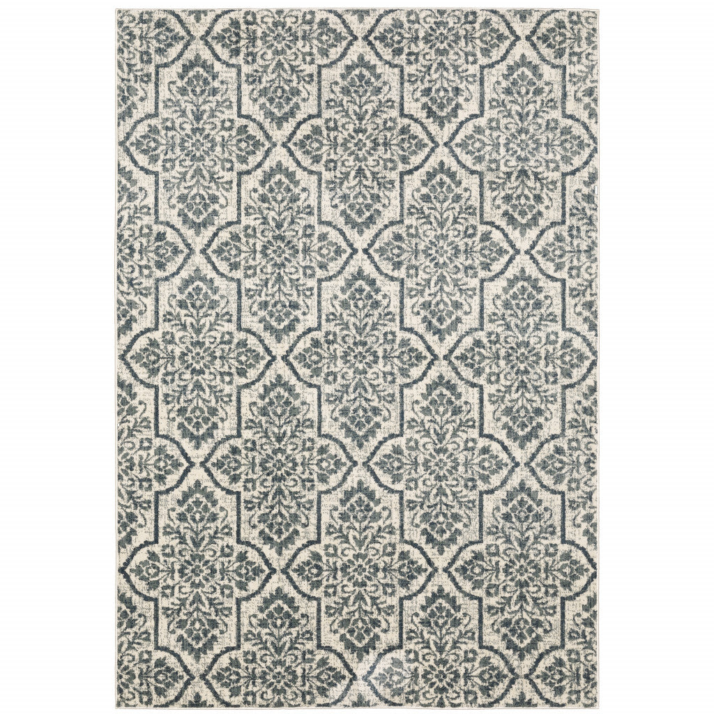 10' X 13' Ivory Blue And Sage Floral Power Loom Stain Resistant Area Rug