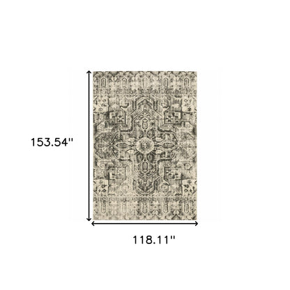 10' X 13' Grey Ivory And Brown Oriental Power Loom Stain Resistant Area Rug