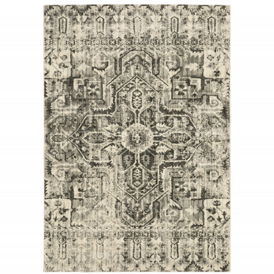 10' X 13' Grey Ivory And Brown Oriental Power Loom Stain Resistant Area Rug