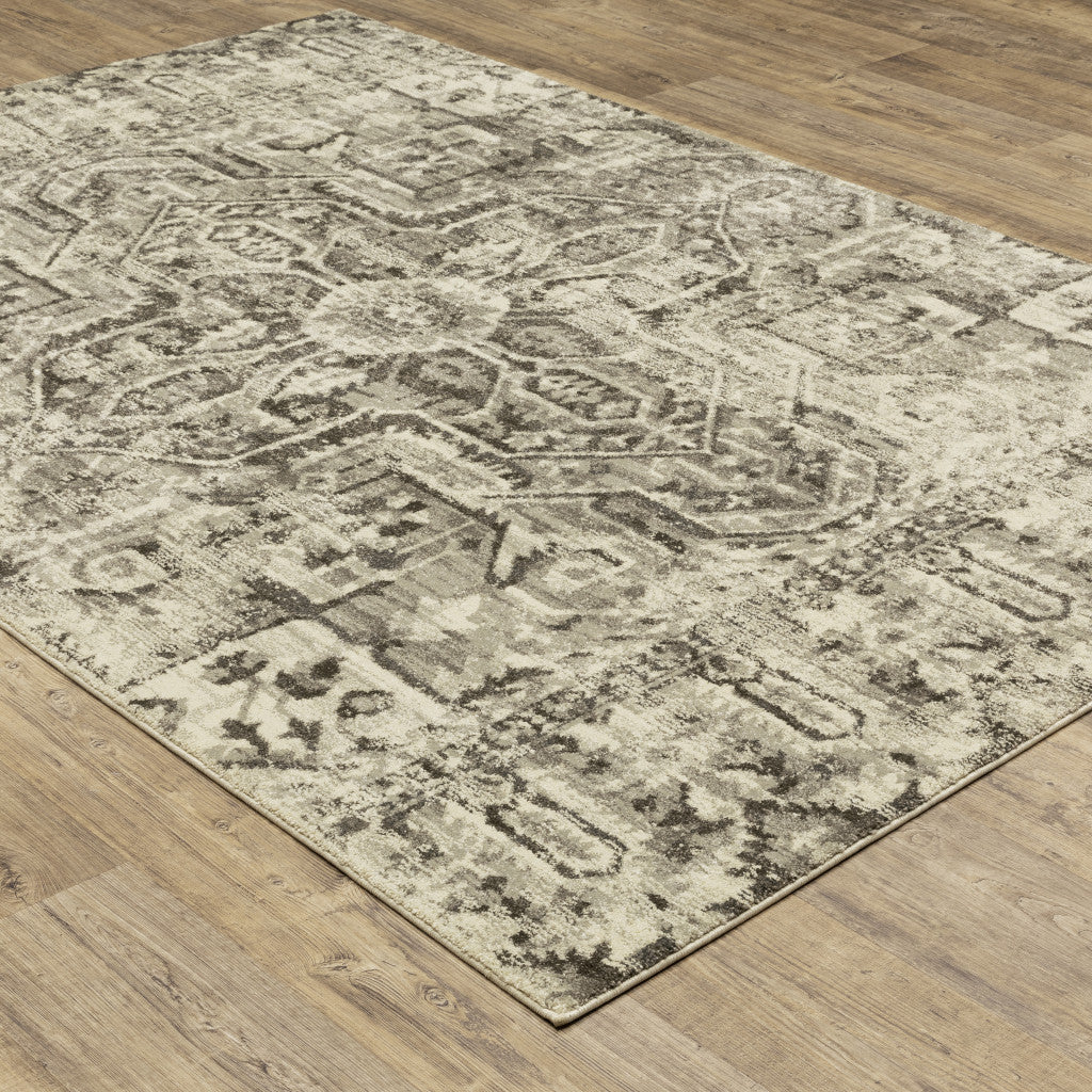 10' X 13' Grey Ivory And Brown Oriental Power Loom Stain Resistant Area Rug