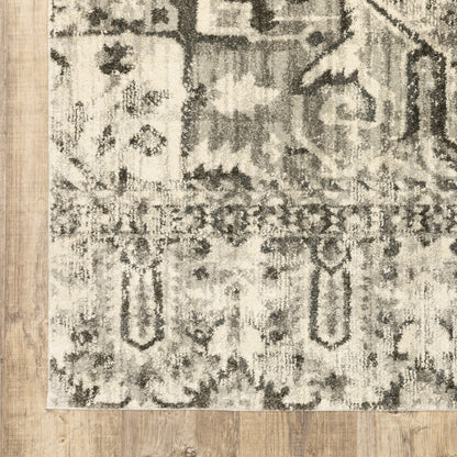 10' X 13' Grey Ivory And Brown Oriental Power Loom Stain Resistant Area Rug