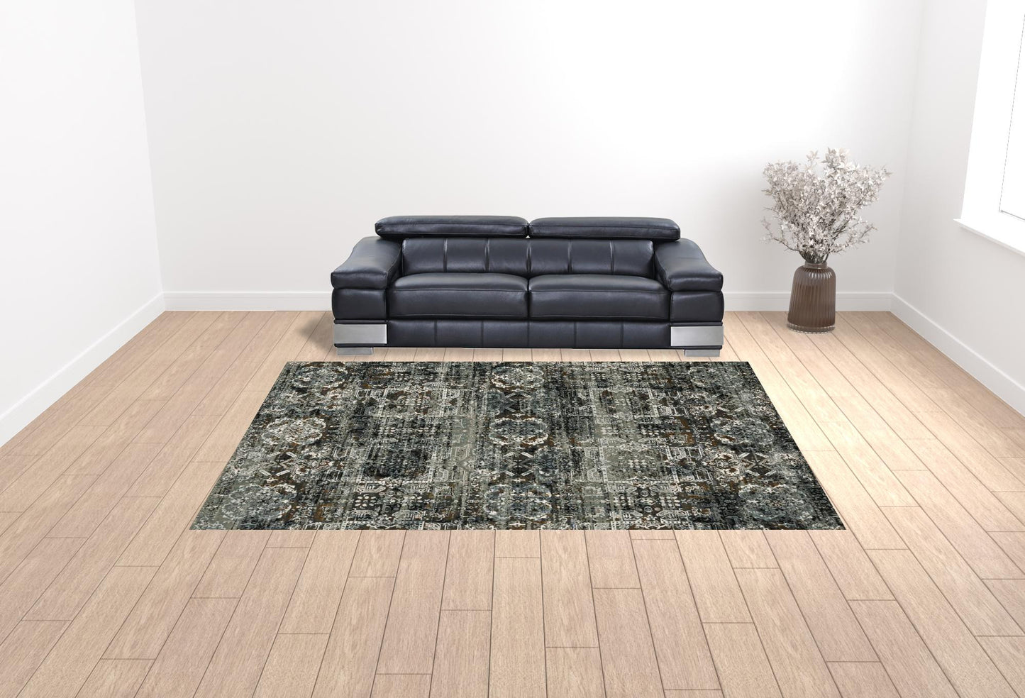 10' X 13' Ivory Charcoal Grey Blue Rust Gold And Brown Oriental Power Loom Stain Resistant Area Rug