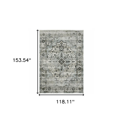 10' X 13' Ivory Grey Charcoal Blue And Taupe Oriental Power Loom Stain Resistant Area Rug