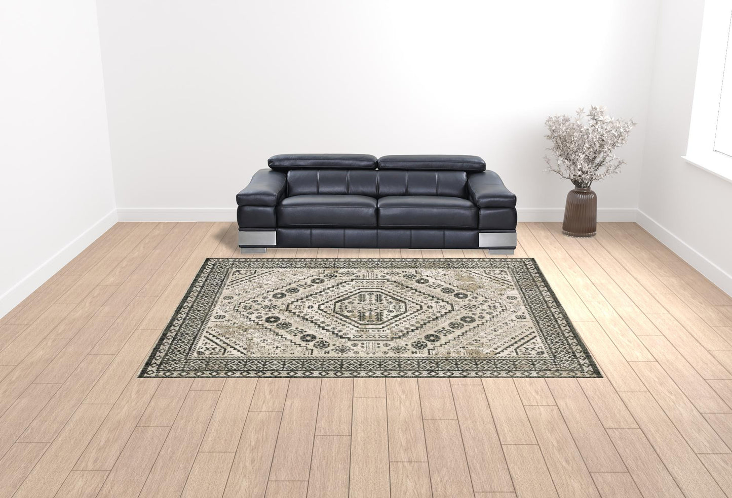 10' X 13' Ivory Grey Black And Ivory Oriental Power Loom Stain Resistant Area Rug